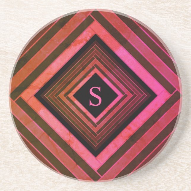 Modern Squares Rustic Pink Geometric Monogram Coaster (Front)