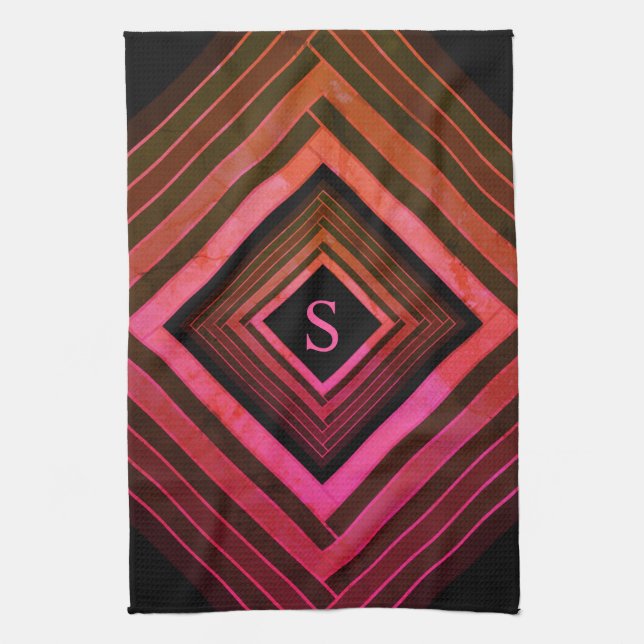 Modern Squares Rustic Pink Geometric Monogram Kitchen Towel (Vertical)
