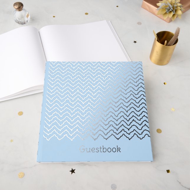 Modern Squiggly Zigzag Chevron Pattern On Blue Guest Book (Front Open)