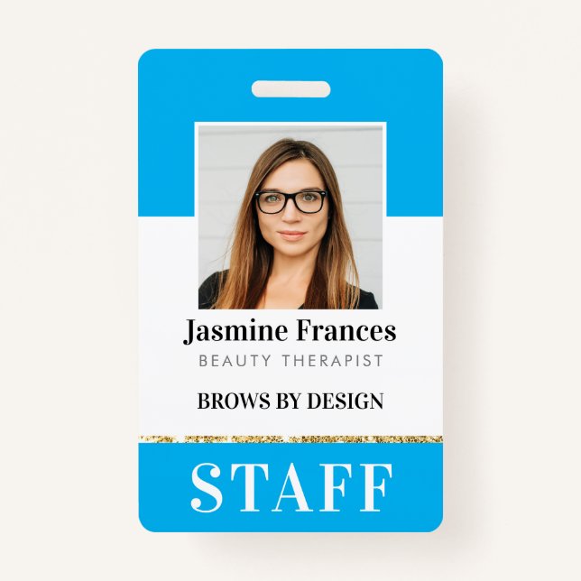 MODERN STAFF PHOTO ID work bold design aqua blue Badge (Front)