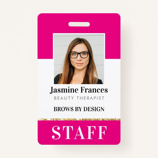 MODERN STAFF PHOTO ID work chic design pink Badge (Front)
