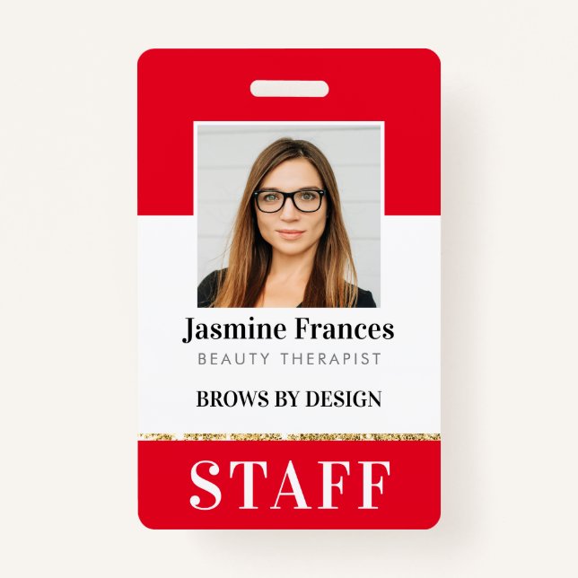 MODERN STAFF PHOTO ID work chic design red Badge (Front)