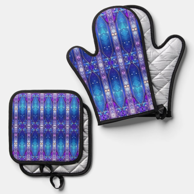 Modern Stained Glass Oven Mitt & Pot Holder Set (Front/Back)
