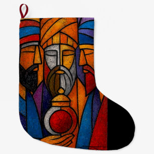 Modern Stained Glass Three Wise Men in English Large Christmas Stocking