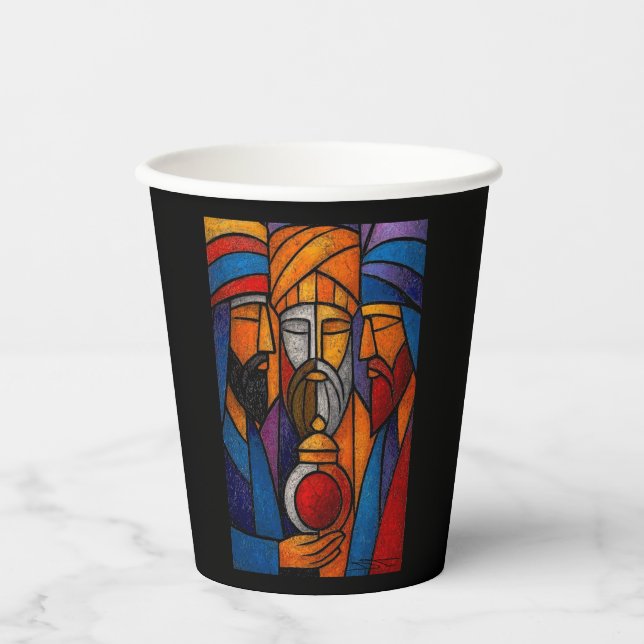 Modern Stained Glass Three Wise Men in English Paper Cups (Front)
