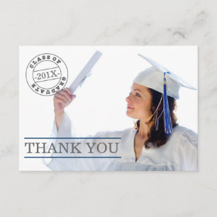Modern Stamp Photo Graduation Thank You   Blue