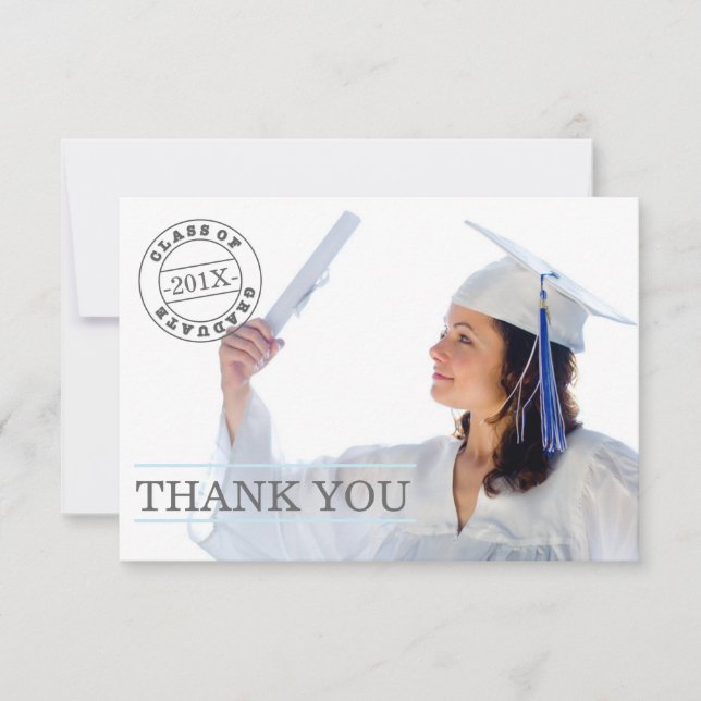 Modern Stamp Photo Graduation Thank You | Blue Card (Front)