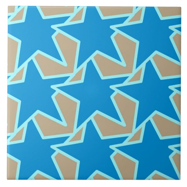 Modern Star Geometric, Cerulean Blue and Taupe Tan Tile (Front)