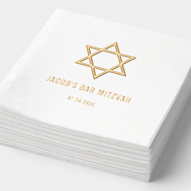 Modern Star of David Bar Mitzvah Gold Foil Napkins (Detail)