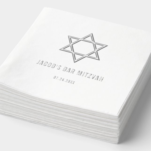 Modern Star of David Bar Mitzvah Silver Foil Napkins (Detail)