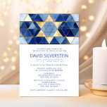 Modern Star of David Blue Gold Bar Mitzvah Hebrew Invitation<br><div class="desc">Beautiful religious Jewish Bar Mitzvah invitation cards. Modern yet elegant watercolor design in brush stroke blue colours, light to navy blue. Gold Star of David in middle with faux mosaic tiles. Modern script letters. 'Is called to the TORAH as a Bar Mitzvah'. Prefect for 13 year old son, boy. Easy...</div>