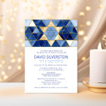 Modern Star of David Blue Gold Bar Mitzvah Hebrew Invitation<br><div class="desc">Beautiful religious Jewish Bar Mitzvah invitation cards. Modern yet elegant watercolor design in brush stroke blue colours, light to navy blue. Gold Star of David in middle with faux mosaic tiles. Modern script letters. 'Is called to the TORAH as a Bar Mitzvah'. Prefect for 13 year old son, boy. Easy...</div>