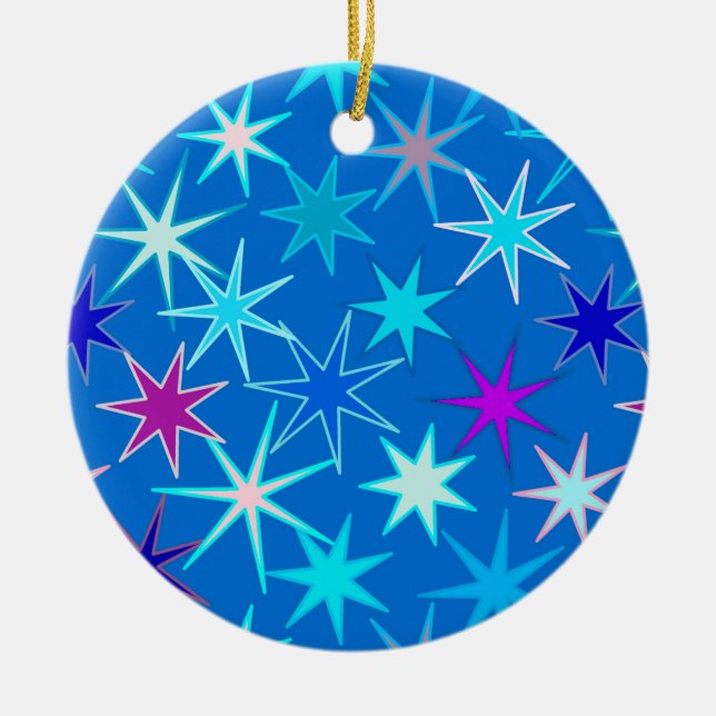 Modern Starburst Print, Deep Cerulean Blue Ceramic Ornament (Front)