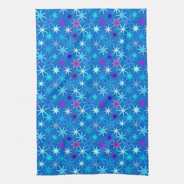 Modern Starburst Print, Deep Cerulean Blue  Kitchen Towel (Vertical)