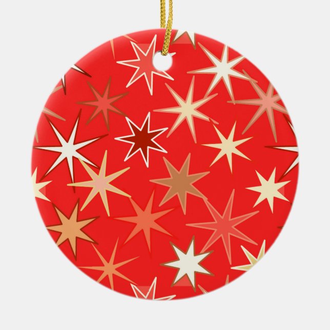 Modern Starburst Print, Deep Mandarin Orange Ceramic Ornament (Front)