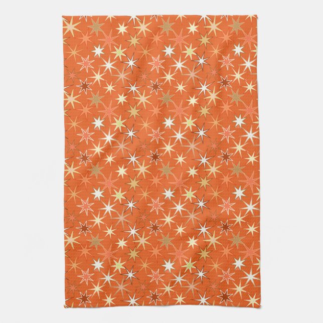 Modern Starburst Print, Deep Mandarin Orange  Kitchen Towel (Vertical)