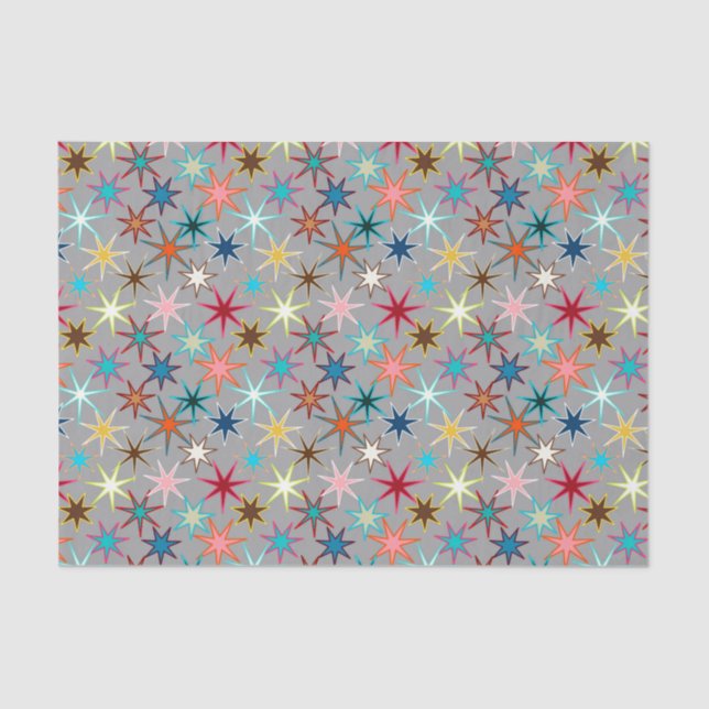 Modern Starburst Print, Jewel Colours on Grey Tissue Paper (Front)