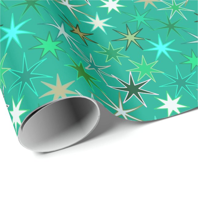 Modern Starburst Print, Turquoise and Aqua Wrapping Paper (Roll Corner)