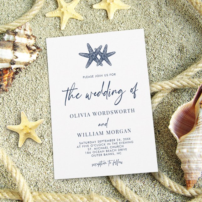 Modern Starfish Beach Nautical Navy Script Wedding Invitation (Creator Uploaded)