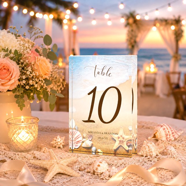 Modern Starfish Beach Wedding Table Number Photo Block (Creator Uploaded)