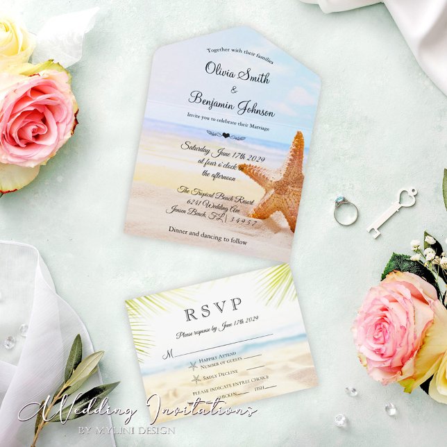 Modern Starfish Tropical Summer Beach Wedding All In One Invitation (Creator Uploaded)