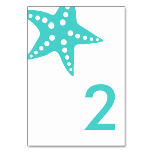 Modern Starfish Wedding Table Number Card, Aqua