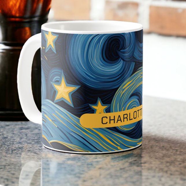 Modern Starry Night Sunflower Personalized Name Coffee Mug (Modern Starry Night Sunflower Personalized Name Coffee Mug from Ricaso. A fun Van Gogh mash up art)