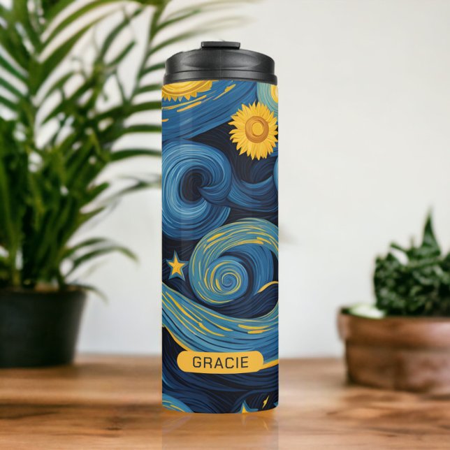 Modern Starry Night Sunflower Personalized Name Thermal Tumbler (Modern Starry Night Sunflower Personalized Name Thermal Tumbler from Ricaso. Customize with own text)