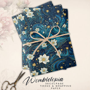 Modern Starry Night & White Lily Floral  Wrapping Paper Sheet
