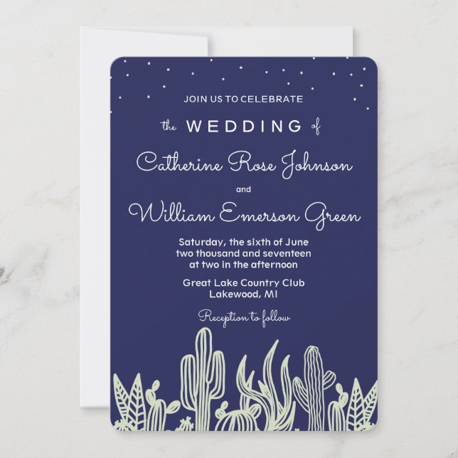 Modern Starry Sky Cactus Navy Wedding Invitation (Front)