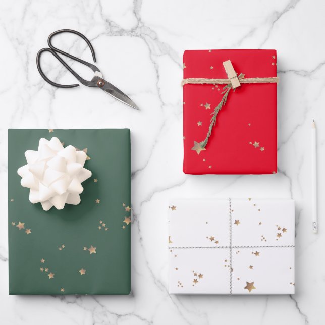 Modern Stars | Minimalist White Green Red Holiday Wrapping Paper Sheet (Front)