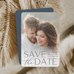 Modern Statement | Vertical Photo Save The Date<br><div class="desc">Announce your wedding date in unforgettable style with these elegant and modern photo save the date cards, featuring a full bleed vertical or portrait oriented photo with "save the date" overlaid in dusty slate blue lettering along the bottom. Your names, wedding date, and wedding location appear alongside in modern lettering....</div>