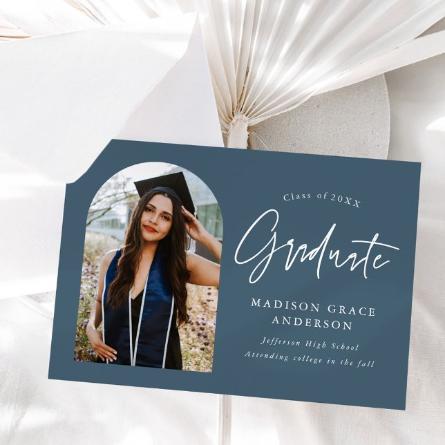 Modern Steel Blue Arch Photo Graduation Announcement (Creator Uploaded)