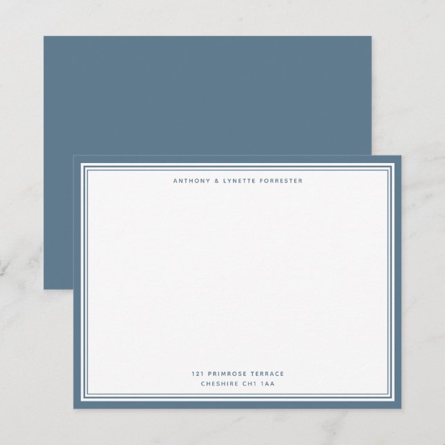 Modern Stone Blue Border Name & Address Note Card (Front/Back)