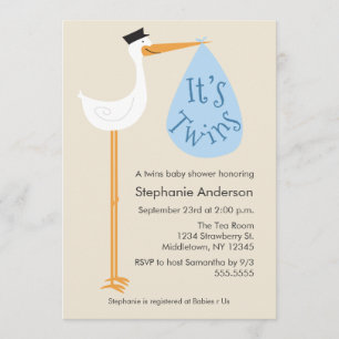 Modern Stork Baby Shower Invitation - Twin Boys