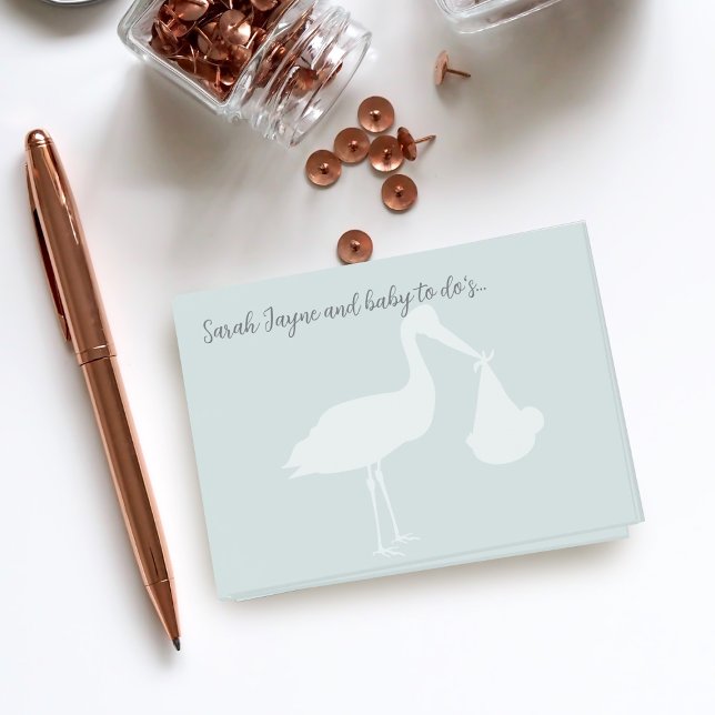 Modern Stork Baby Shower Pale Blue Post-It Notes (Elegant stork dusty blue post it notes with space for your name)