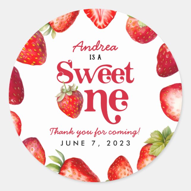 Modern Strawberry Sweet One First Birthday Girls Classic Round Sticker (Front)