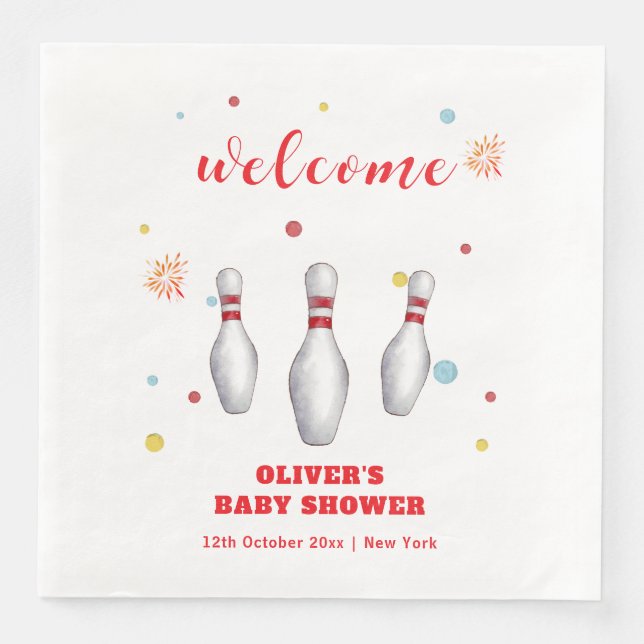 Modern Strike Up Bowling Baby Shower Welcome Napkin (Front)
