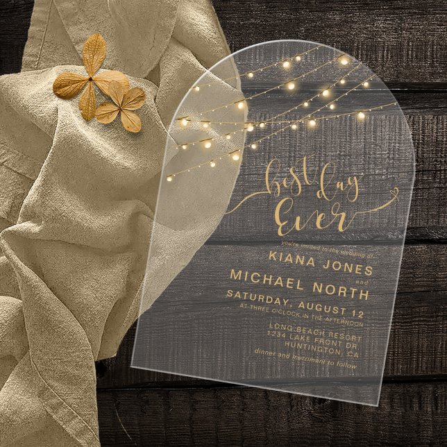 Modern String Lights Best Day Ever Gold ID585 Acrylic Invitations (Creator Uploaded)