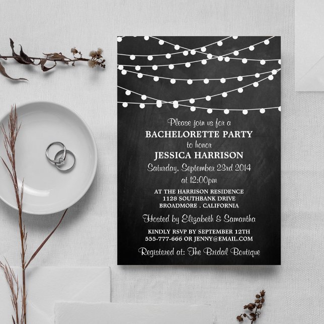 Modern String Lights Chalkboard Bachelorette Party Invitation (Creator Uploaded)
