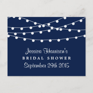 Modern String Lights On Navy Blue Bridal Shower Invitation Postcard