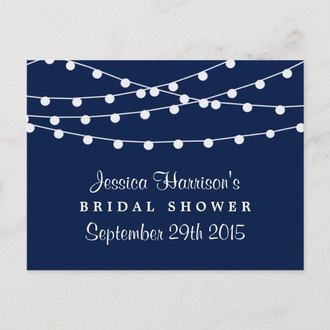 Modern String Lights On Navy Blue Bridal Shower Invitation Postcard (Front)
