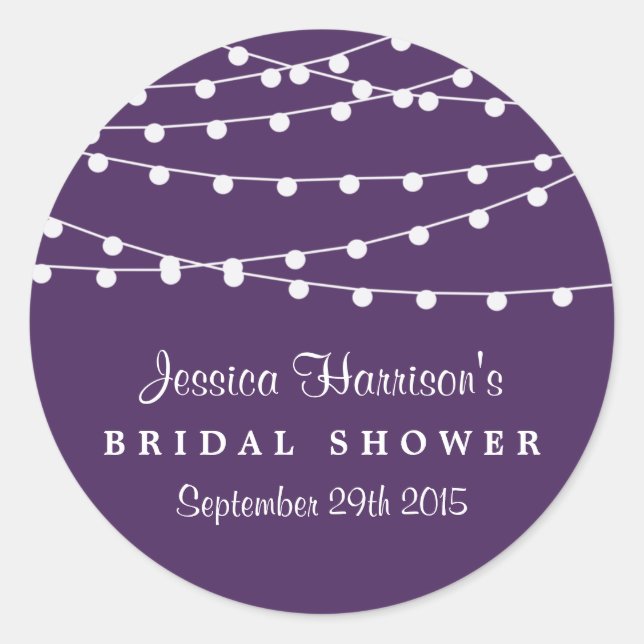 Modern String Lights On Purple Bridal Shower Classic Round Sticker (Front)