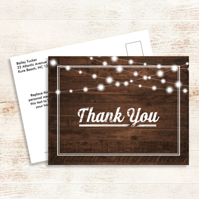 Modern String Lights on Wood Rustic Thank You Postcard (Creator Uploaded)
