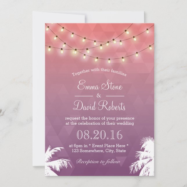 Modern String Lights & Palm Trees Wedding Invitation (Front)