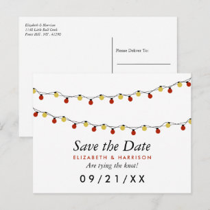 Modern String Lights, Red & Gold Save the Date Announcement Postcard