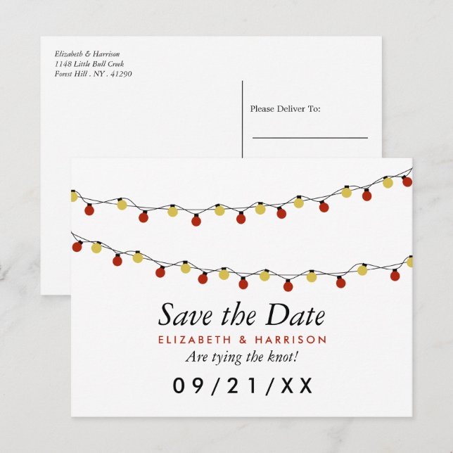 Modern String Lights, Red & Gold Save the Date Announcement Postcard (Front/Back)