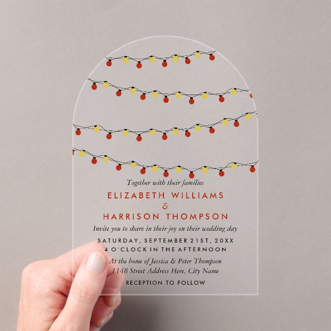 Modern String Lights, Red & Gold Wedding Acrylic Invitations (Insitu (Handheld))
