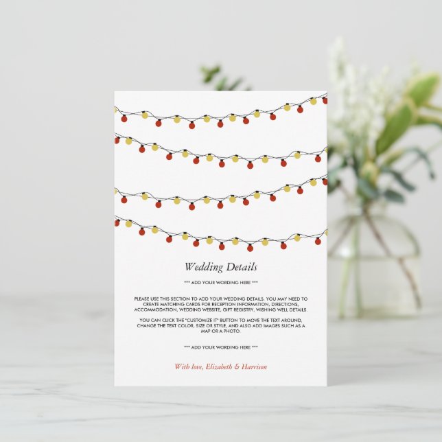 Modern String Lights, Red & Gold Wedding Detail Enclosure Card (Standing Front)