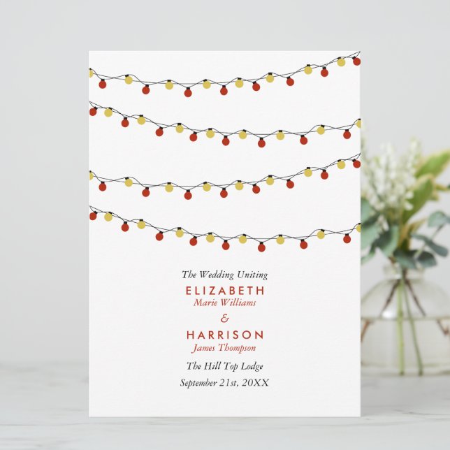 Modern String Lights, Red & Gold Wedding Program (Standing Front)